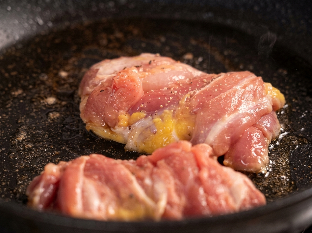 Primer plano de trozos de pollo sellándose en una sartén con granos de pimienta negra esparcidos por encima.