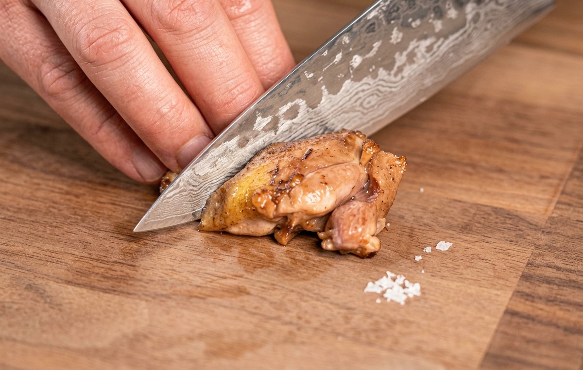 Un cuchillo de chef afilado cortando un trozo de muslo de pollo sellado y dorado sobre una tabla de madera.