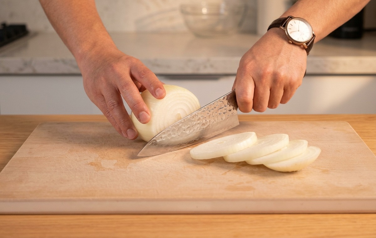 Una persona usando un cuchillo de chef para cortar finamente una cebolla blanca en medias lunas sobre una tabla de cortar de madera.