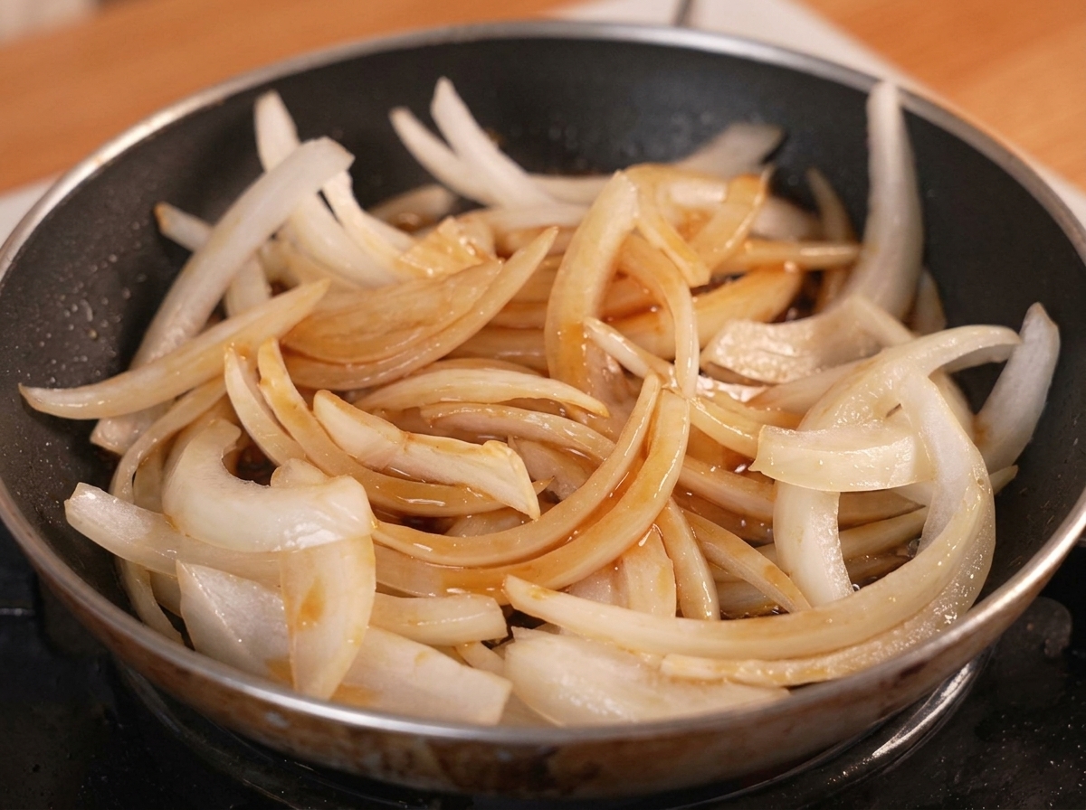 Tiras de cebolla blanca en una sartén pequeña cubiertas con una mezcla marrón oscura de dashi y salsa de soja.