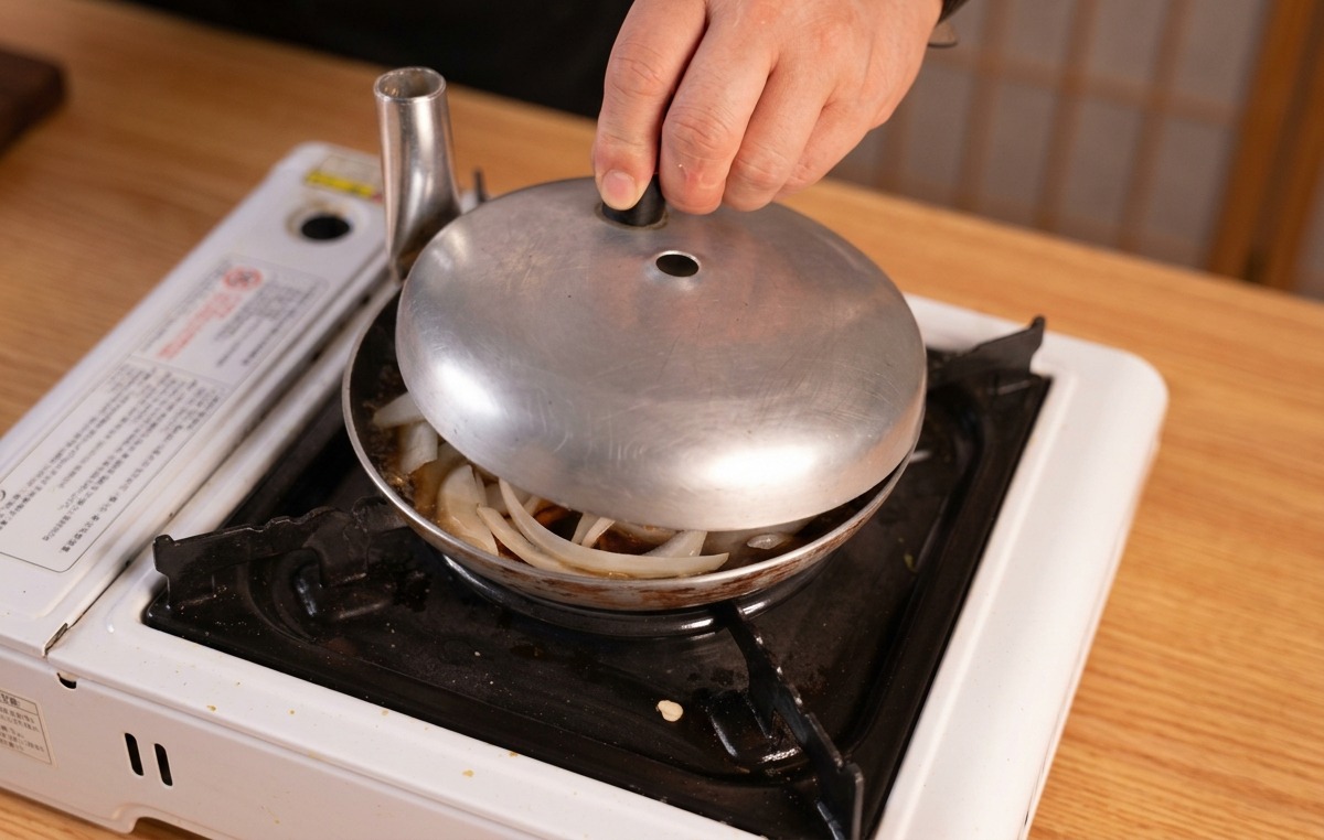 Una mano colocando una pequeña tapa de metal sobre una sartén para cocinar al vapor y estofar cebollas en salsa.