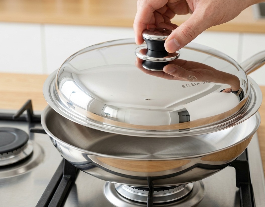 Una persona colocando una tapa de acero inoxidable sobre una sartén poco profunda para permitir que la mezcla de huevo y pollo se cocine al vapor.