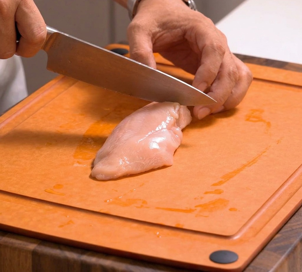 Un chef utilizando un cuchillo afilado para cortar una pechuga de pollo cruda en tiras finas sobre una tabla de cortar.
