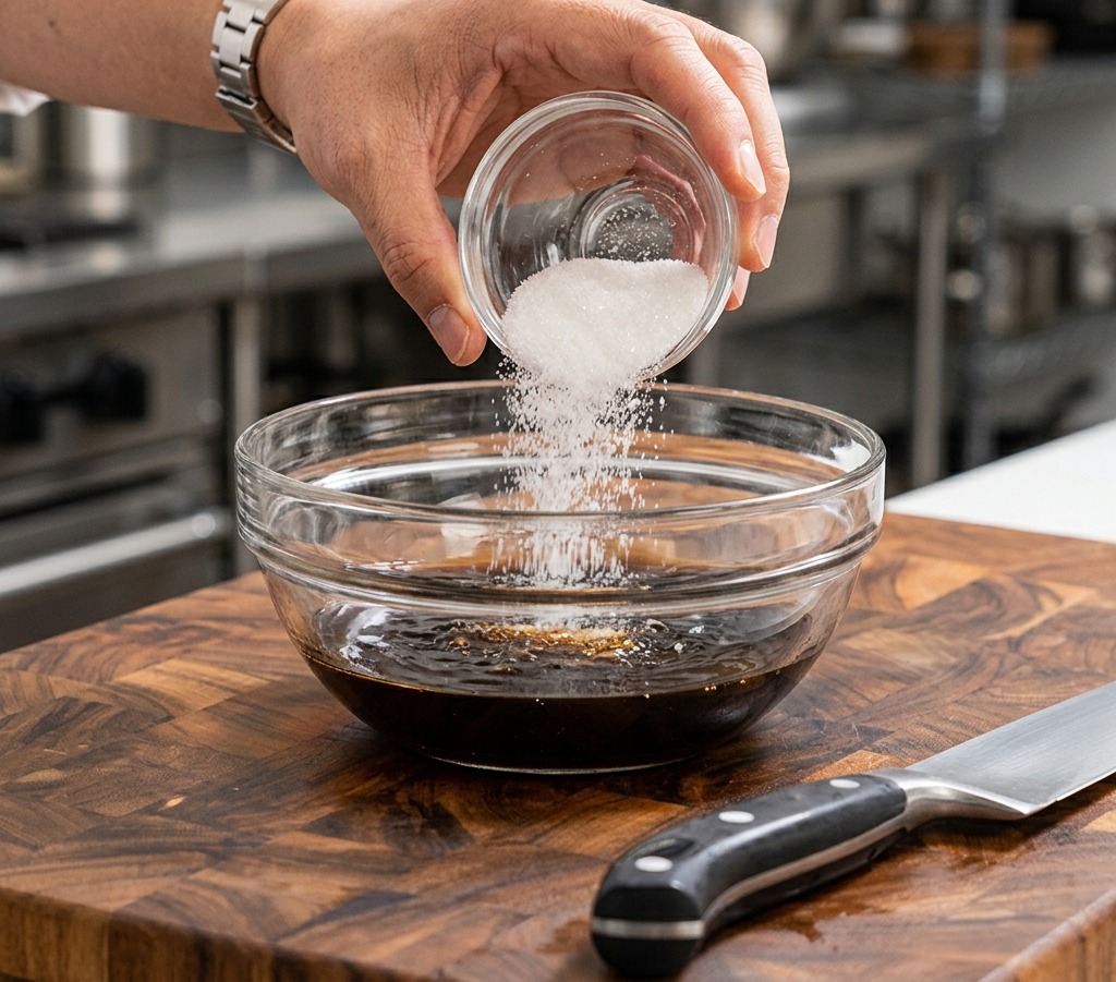 Azúcar granulada vertiéndose desde un pequeño recipiente de vidrio hacia un tazón con los ingredientes líquidos oscuros de la salsa.