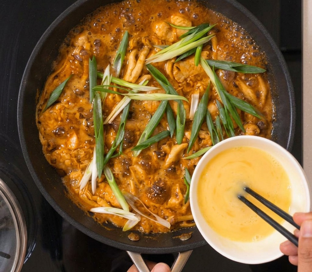 Una mano usando palillos para guiar el huevo batido desde un tazón blanco hacia una sartén hirviendo con pollo, hongos shimeji y cebolleta fresca.