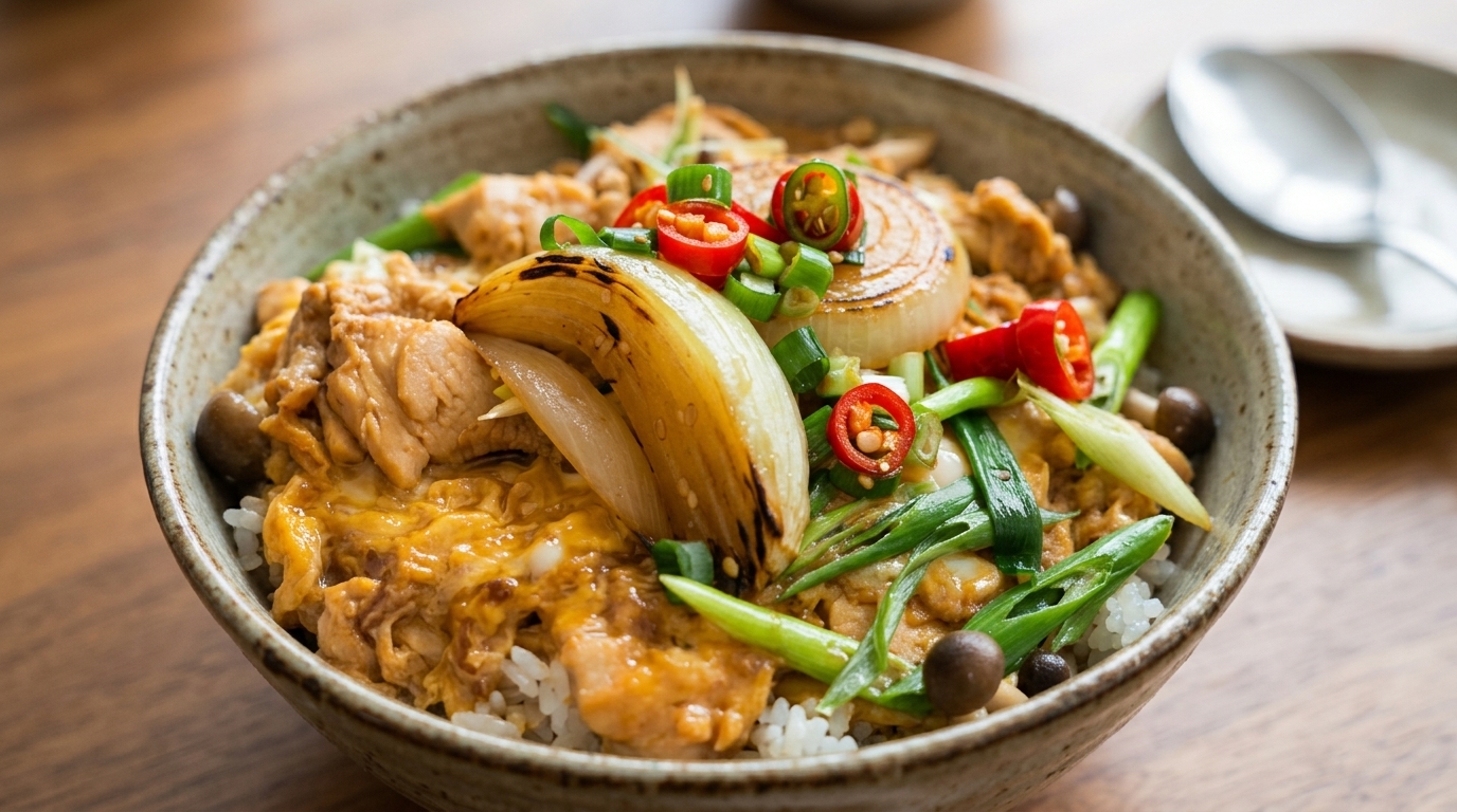 Oyakodon tradicional japonés (Tazón de arroz con pollo y huevo)