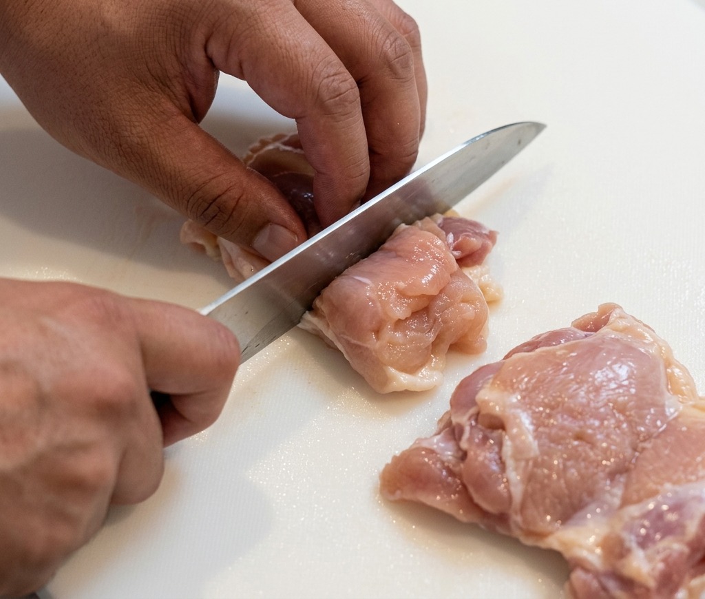 Una persona cortando carne cruda de contramuslo de pollo en trozos pequeños sobre una tabla de cortar de plástico blanco con un cuchillo de cocina.
