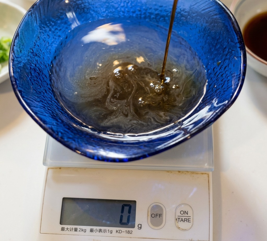 Un líquido oscuro vertiéndose en un cuenco de vidrio azul texturizado que se encuentra sobre una báscula de cocina digital.