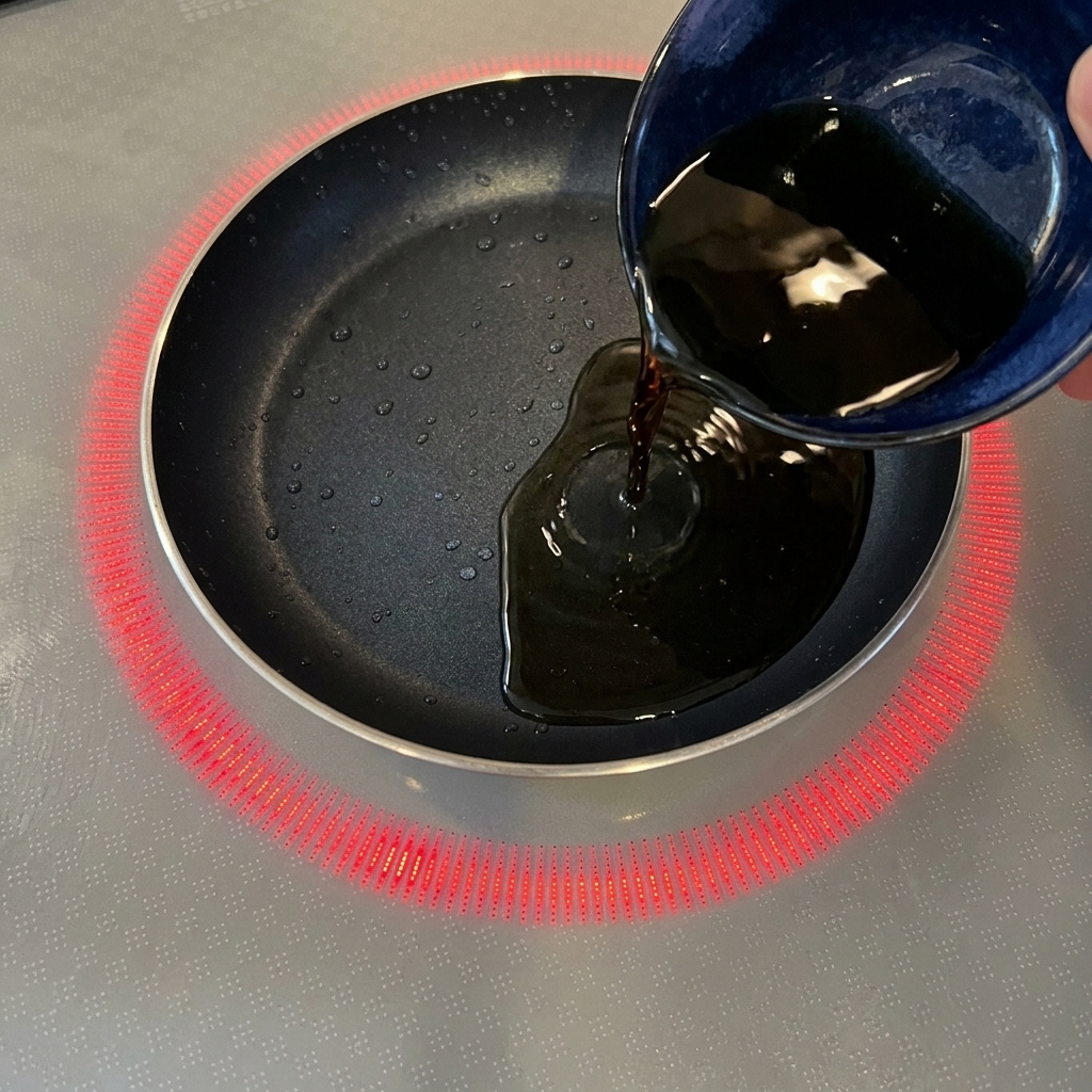 Una salsa oscura y sabrosa vertiéndose desde un cuenco de cerámica azul hacia una sartén antiadherente pequeña sobre una placa de inducción.