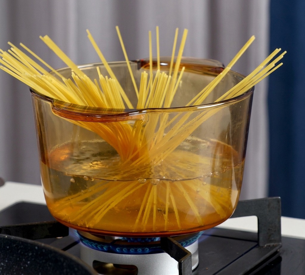 Espaguetis secos en una olla de vidrio transparente con agua hirviendo sobre la estufa.