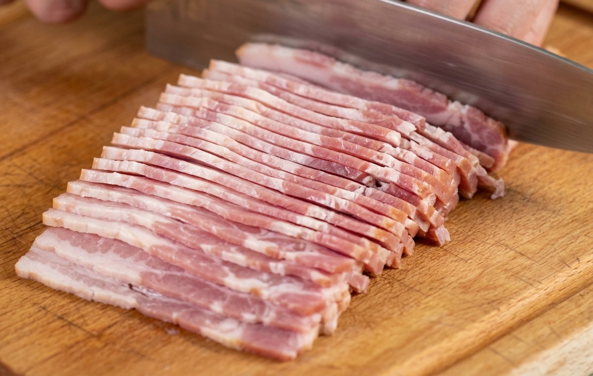 Primer plano de un chef cortando tiras de bacon crudo sobre una tabla de madera con un cuchillo afilado.
