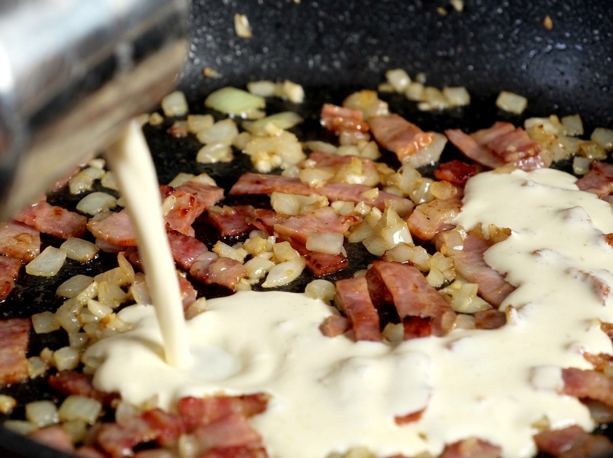 Nata espesa vertiéndose desde un recipiente de metal a una sartén con bacon y cebolla.