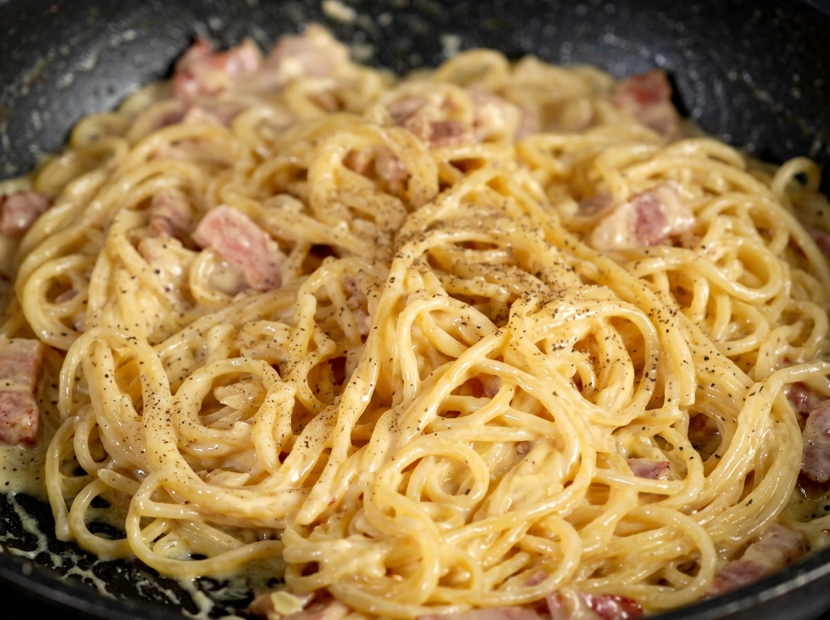 Primer plano de espaguetis cubiertos con una salsa de crema brillante y trozos de bacon, sazonados con pimienta negra recién molida.