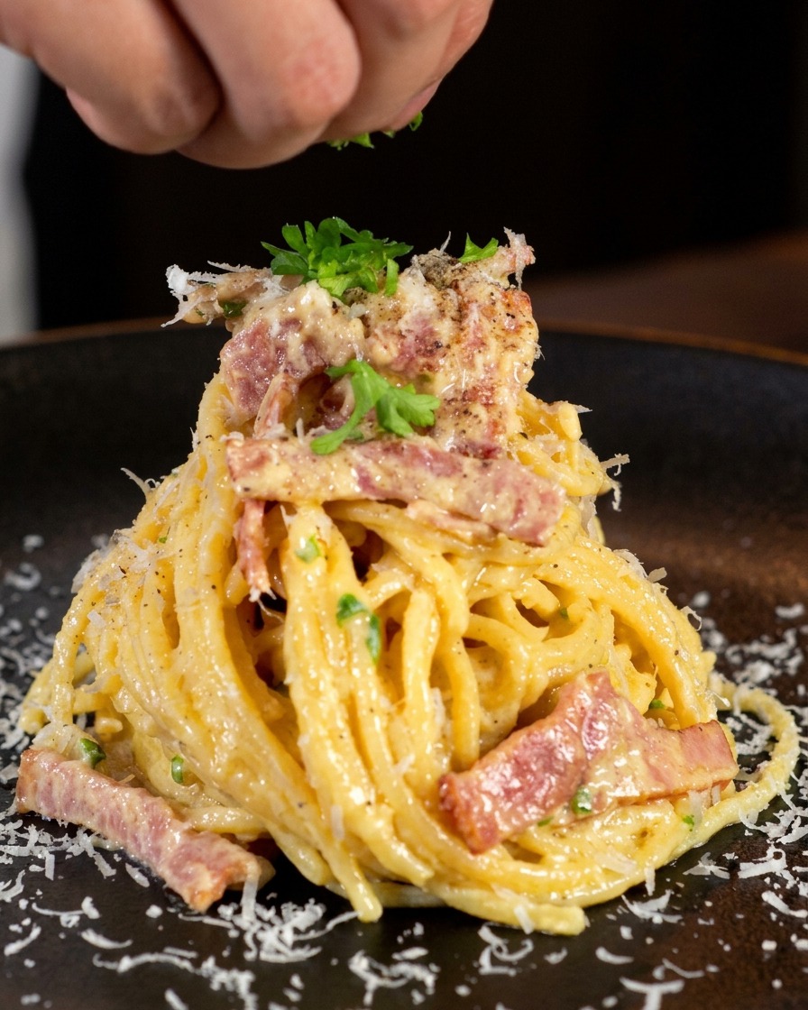 Mano esparciendo perejil fresco picado sobre un plato de espaguetis cremosos con bacon.