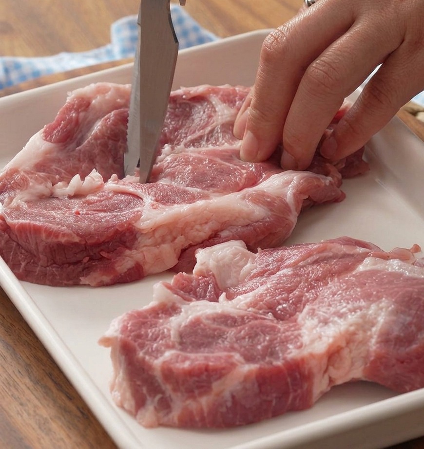 Primer plano de unas tijeras de cocina recortando el tejido conectivo blanco de un filete de aguja de cerdo crudo y veteado en una bandeja blanca.