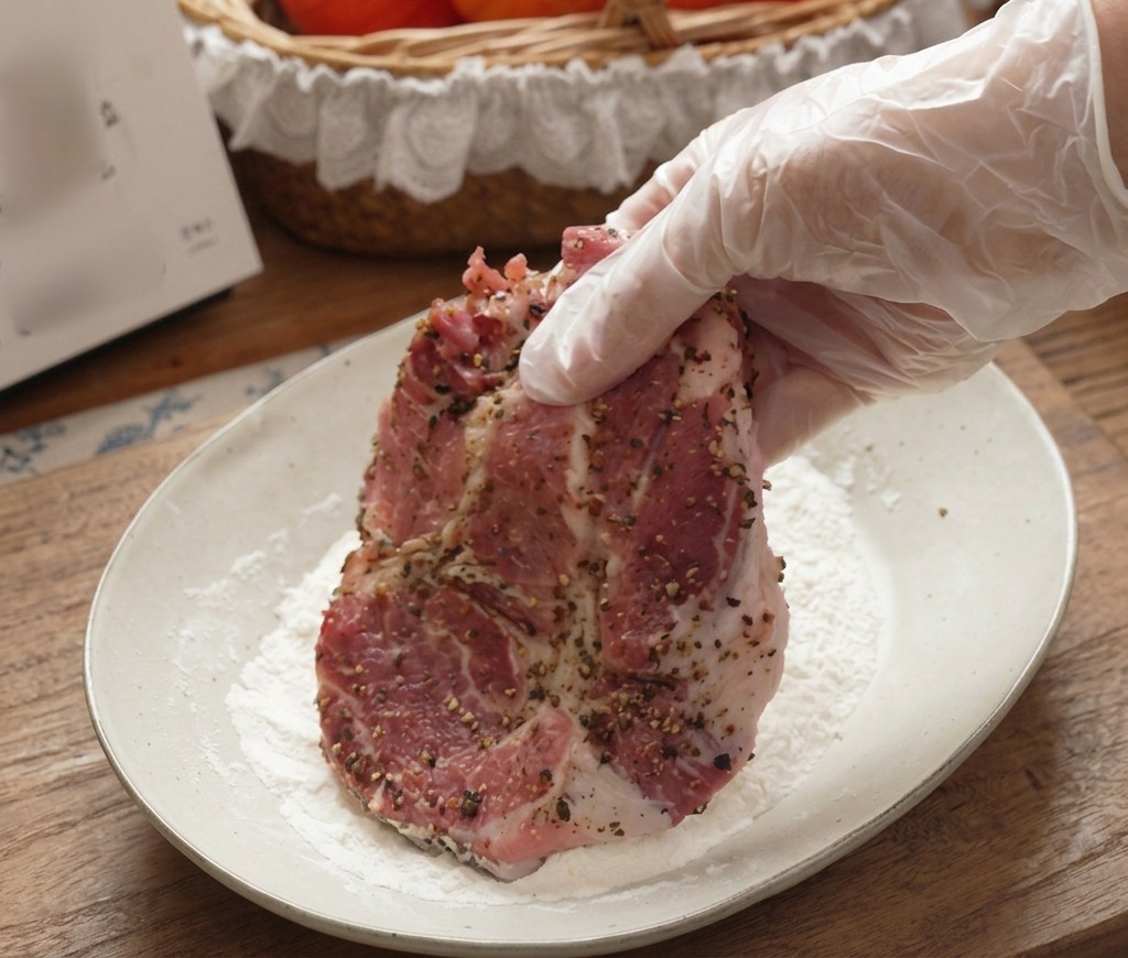Una mano con guante cubriendo un filete de cerdo sazonado en un plato con harina blanca.