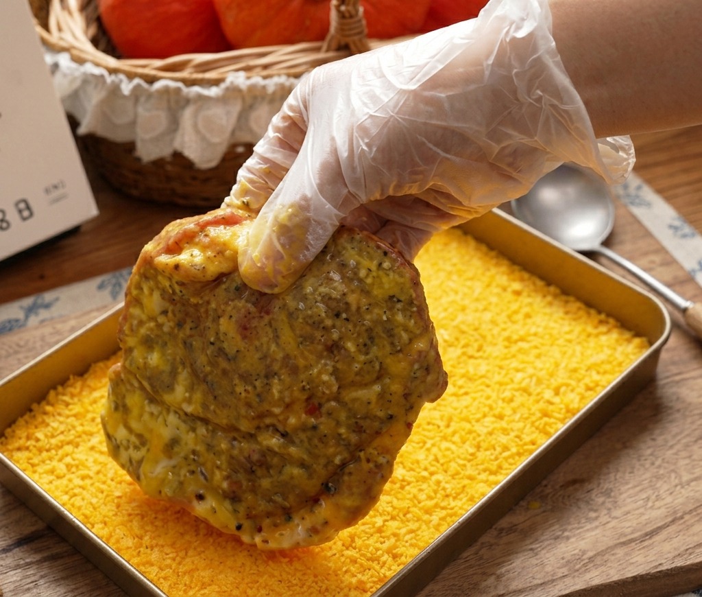 Una mano con guante presionando un filete de cerdo empanizado en una bandeja poco profunda llena de pan rallado panko de color amarillo brillante.
