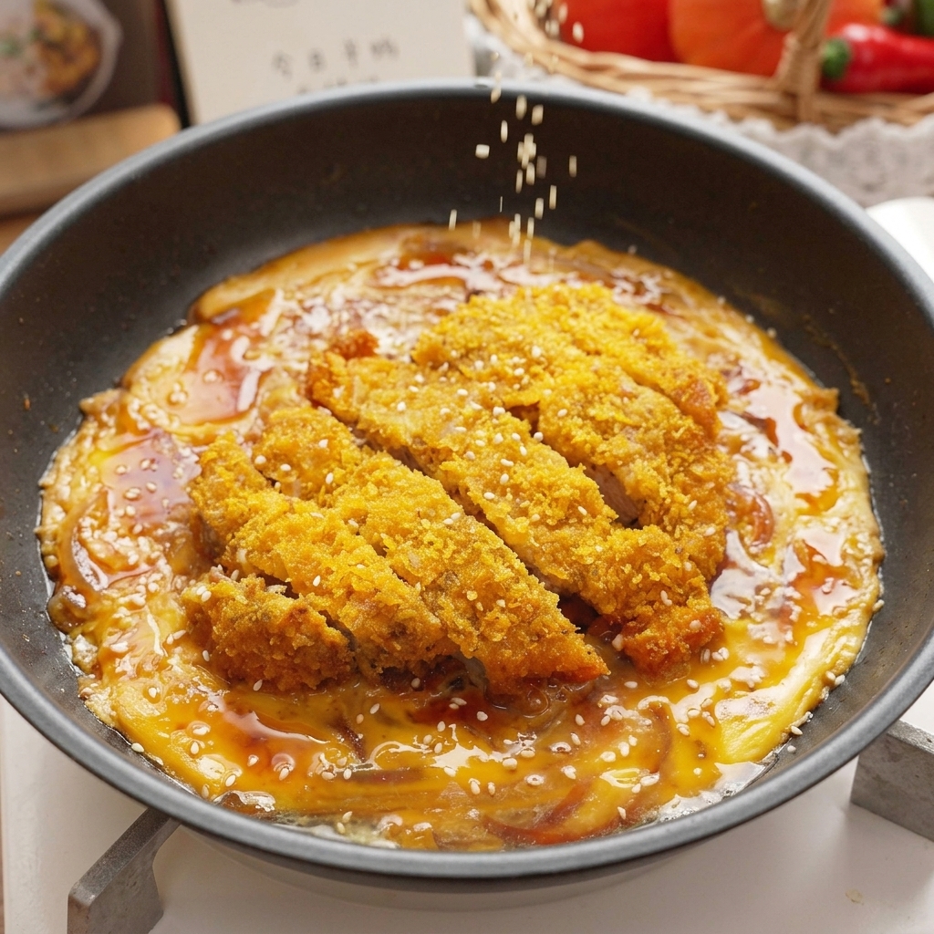 Semillas de sésamo blanco tostado espolvoreándose sobre una sartén terminada de chuleta de cerdo y huevos tiernos en una salsa marrón.