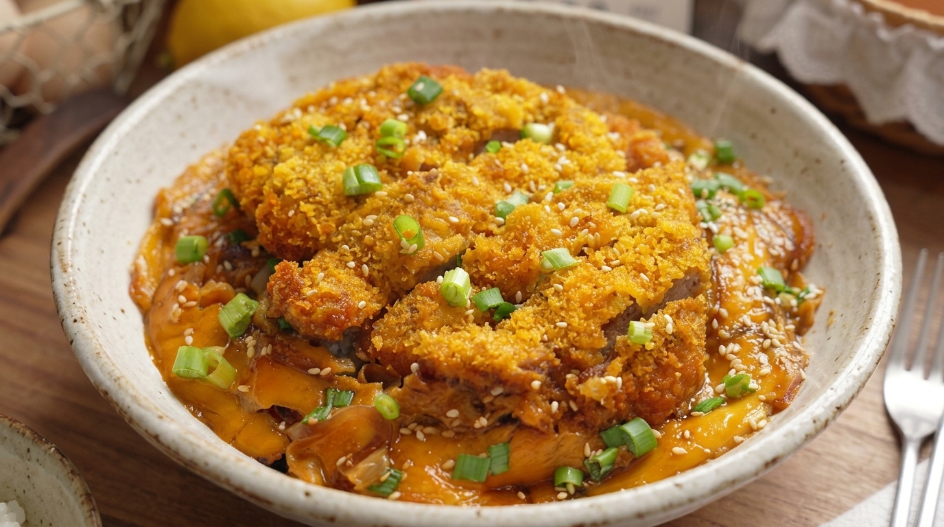 Katsudon al horno crujiente (Tazón de arroz japonés con chuleta de cerdo y huevo)