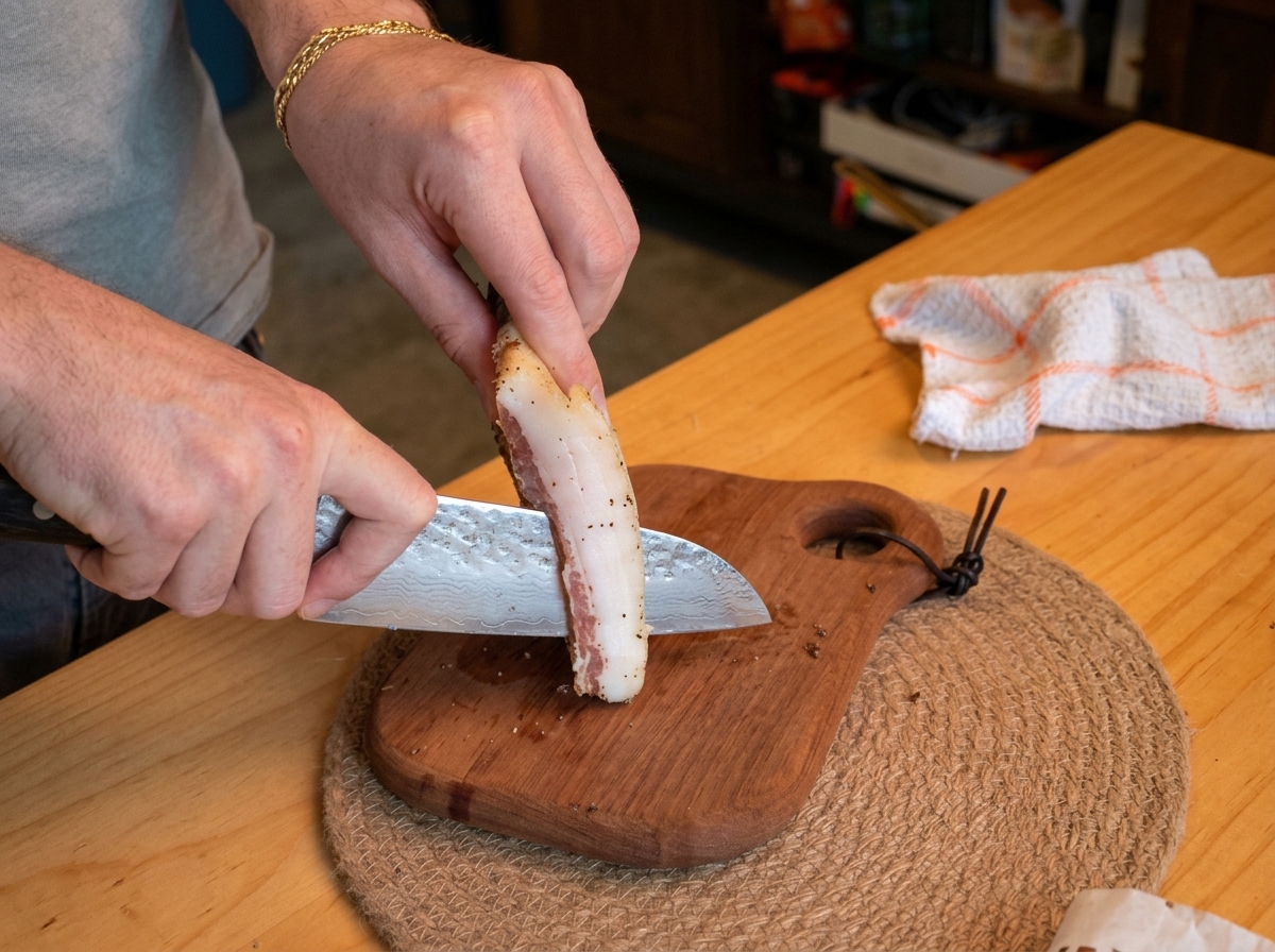 Manos cortando una pieza de guanciale curado en tiras gruesas sobre una tabla de madera.
