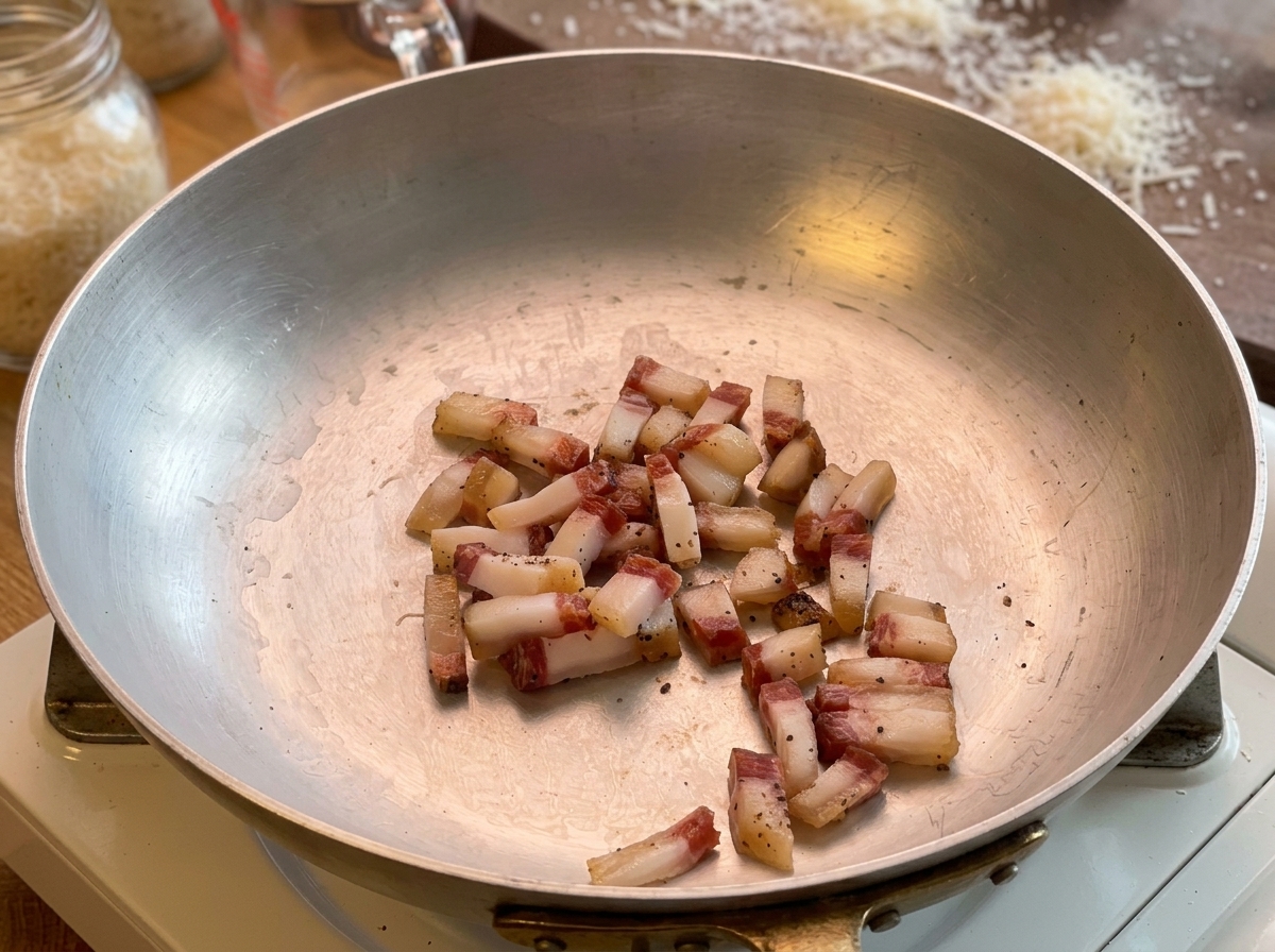 Guanciale troceado cocinándose en una sartén de acero, soltando su grasa.