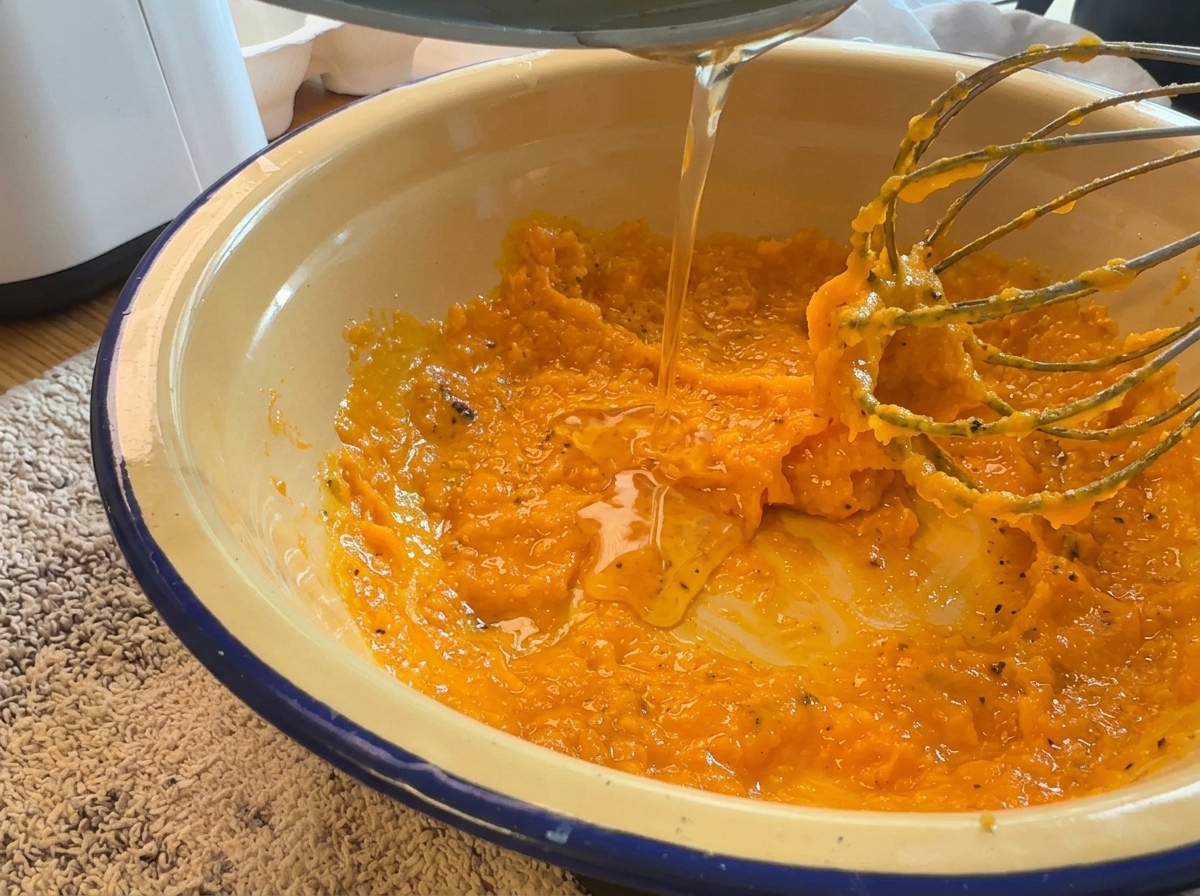 Grasa líquida vertiéndose sobre una pasta vibrante de huevo y queso mientras se bate.