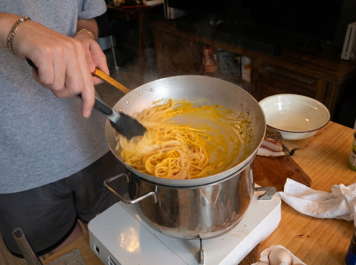 Mezclando vigorosamente los espaguetis en una salsa cremosa dentro de una sartén sobre una olla de agua caliente.