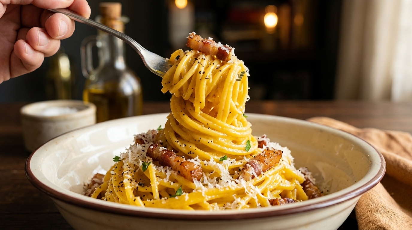 Un bocado perfecto de espaguetis a la carbonara: salsa rica de yema de huevo, guanciale crujiente y una lluvia generosa de queso Pecorino Romano y pimienta negra.