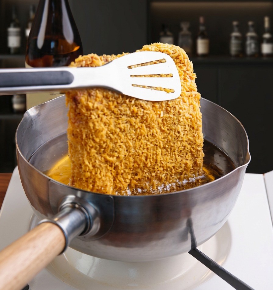 Una chuleta de cerdo empanada introduciéndose en una olla con aceite caliente burbujeante usando una espátula y pinzas.