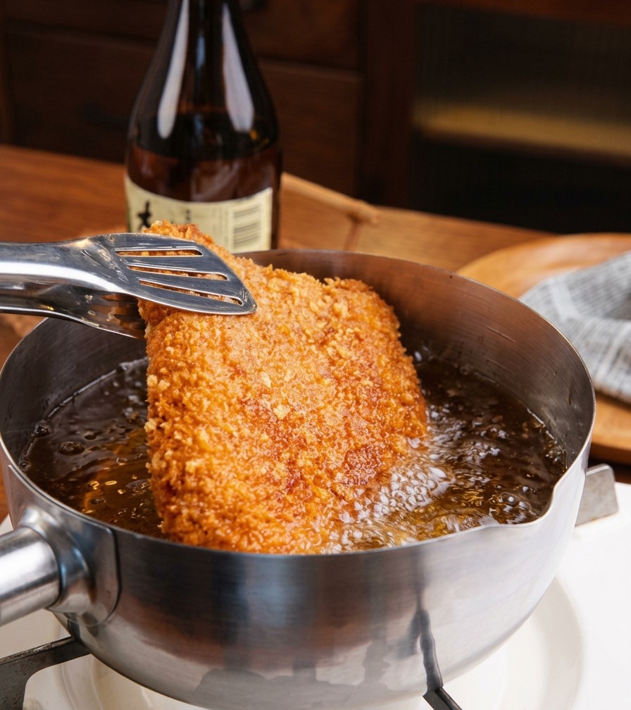 Una chuleta de cerdo empanada de color marrón dorado siendo retirada de una olla de aceite caliente con pinzas de metal.