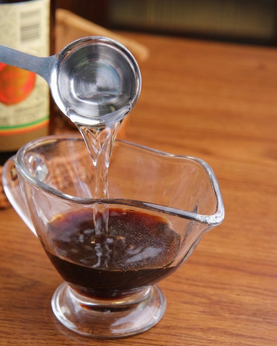 Líquido transparente vertiéndose desde una cuchara medidora de acero inoxidable en una jarra con salsa de soja oscura.