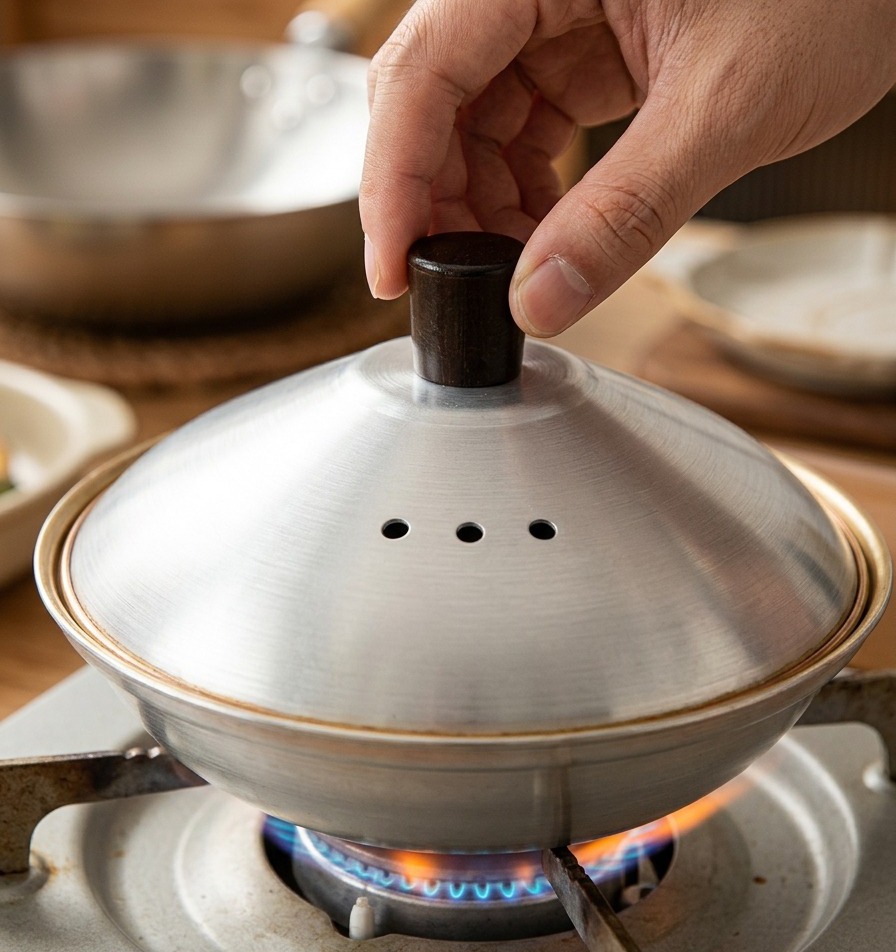 Una persona colocando una tapa de metal redonda sobre una sartén pequeña especial en un quemador de estufa de gas encendido.