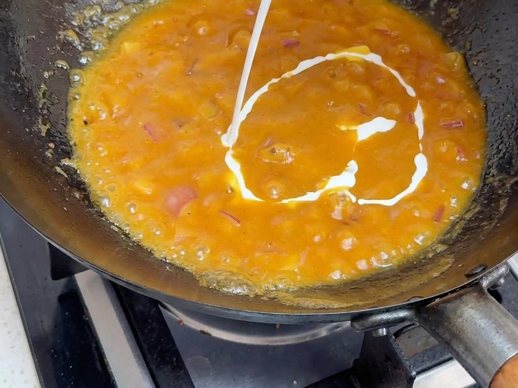Leche de coco blanca vertiéndose desde un envase tipo cartón hacia una salsa de curry naranja espesa y burbujeante en un wok negro.