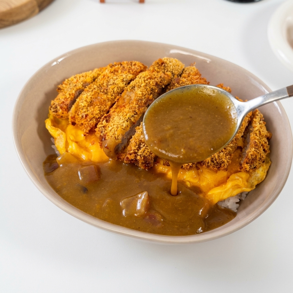Una cuchara plateada vertiendo una salsa de curry marrón y espesa en un cuenco que contiene arroz, una tortilla y una chuleta de cerdo empanada.