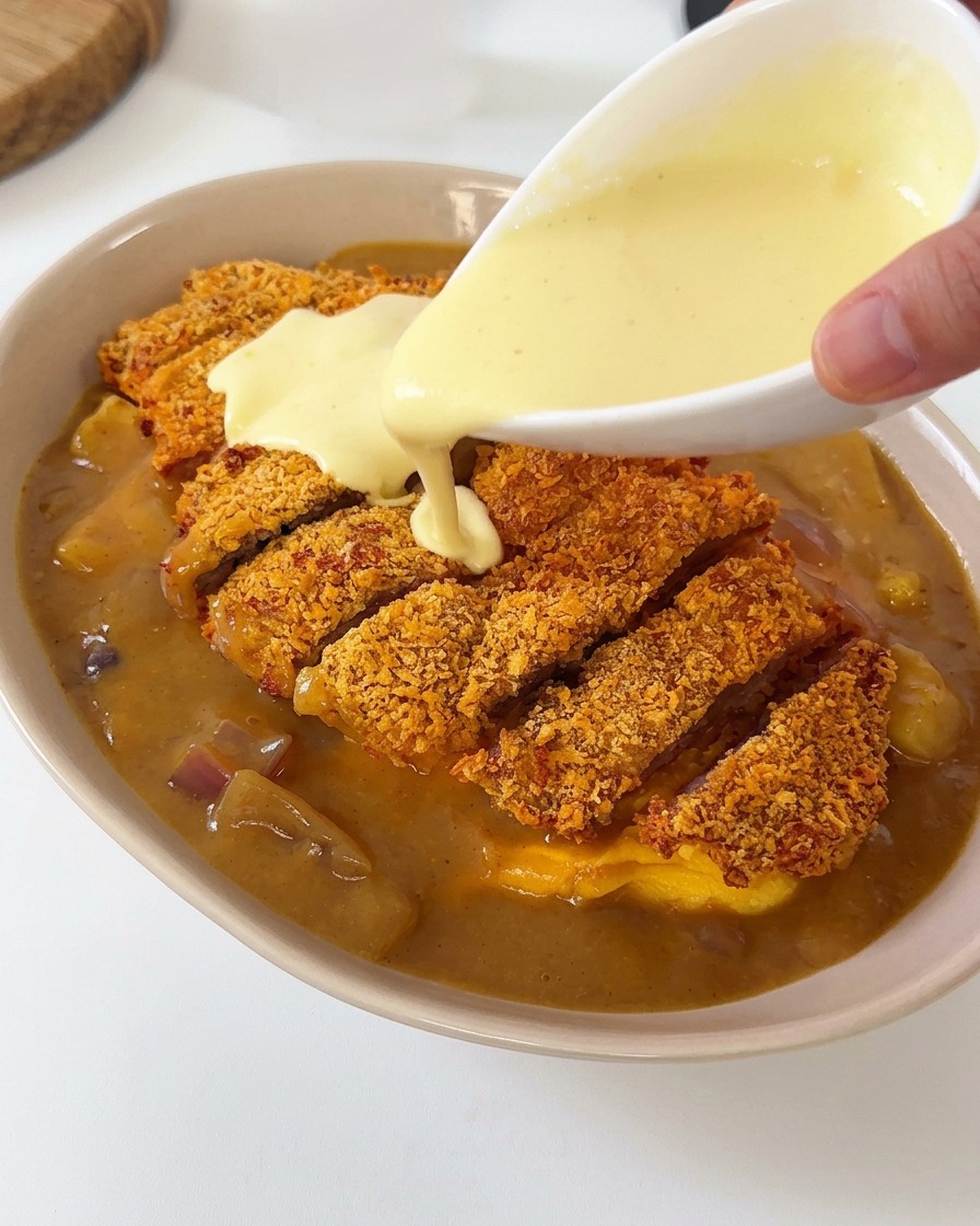 Una salsa blanca cremosa vertiéndose desde un pequeño cuenco blanco sobre una chuleta de cerdo empanada y cortada, cubierta con curry.