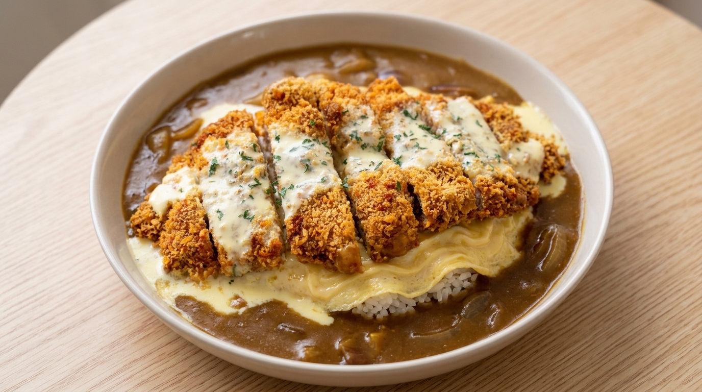 Katsu Curry Japonés de Cerdo con Omurice y Salsa de Queso al Coco