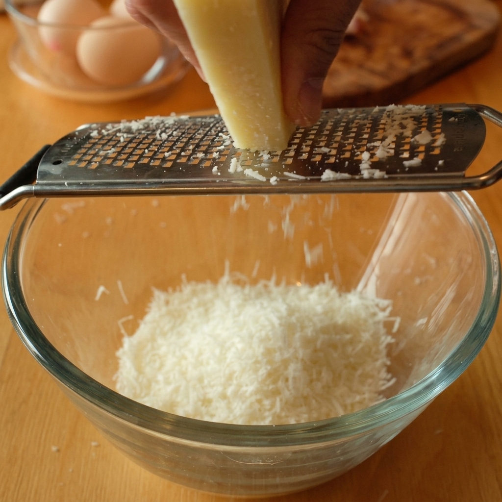 Una mano rallando un bloque de queso Pecorino Romano sobre un bol de cristal con yemas de huevo.