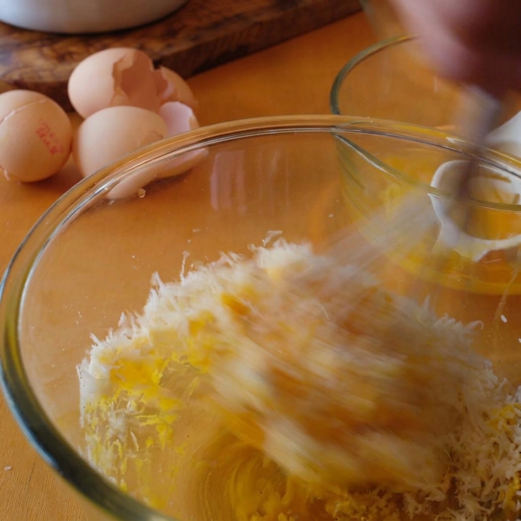 Varillas batiendo rápidamente queso rallado y yemas de huevo naranjas hasta formar una pasta espesa en un bol.