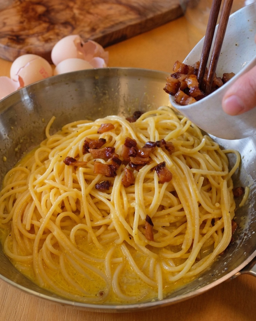 Añadiendo trozos crujientes de guanciale desde un bol a la sartén de pasta cremosa.