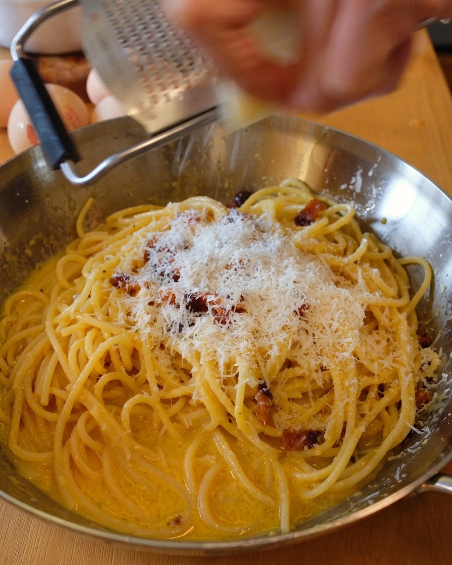 Rallando queso Pecorino Romano fresco sobre la sartén de espaguetis a la carbonara.