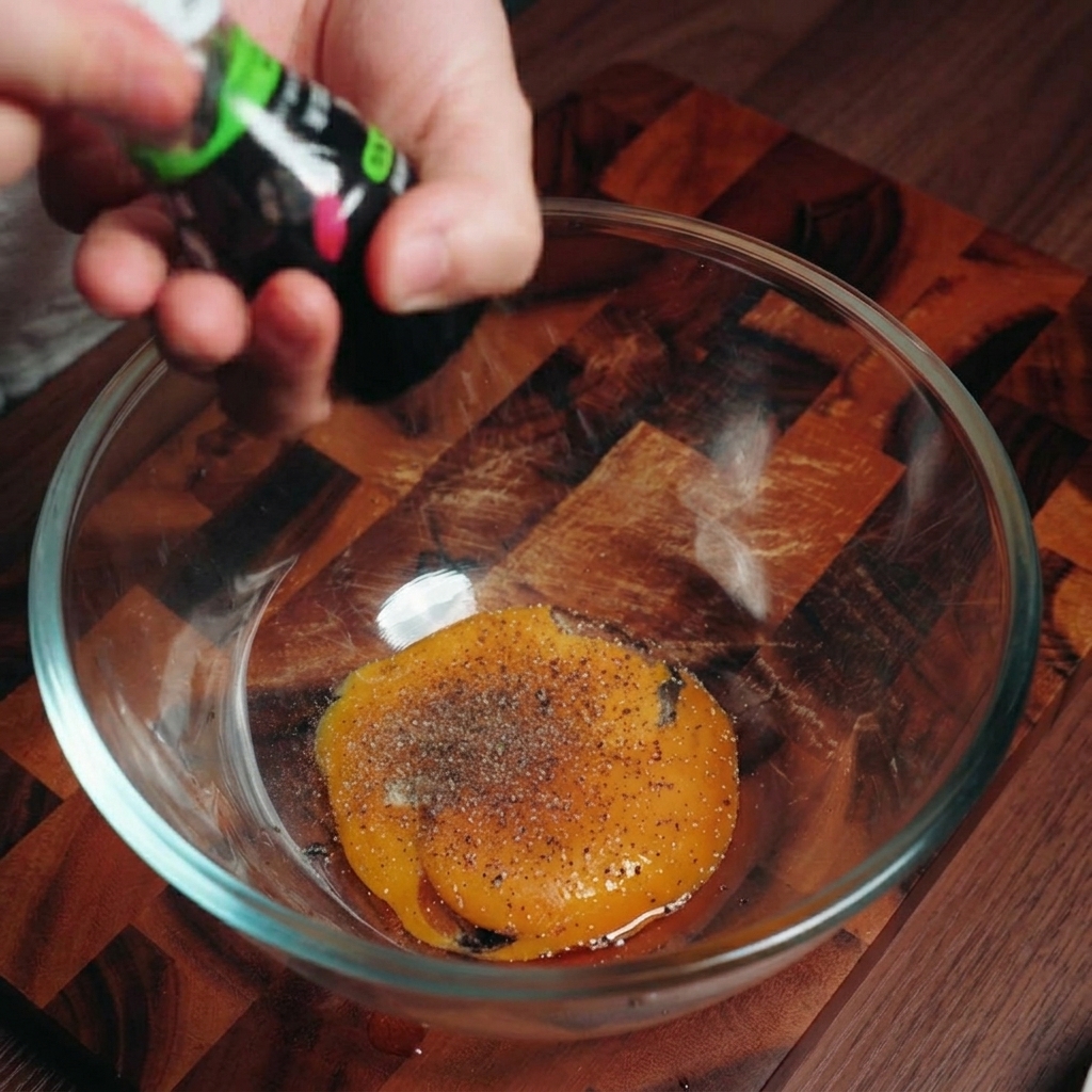 Manos moliendo pimienta negra fresca sobre un bol de cristal con yemas de huevo de color naranja brillante.