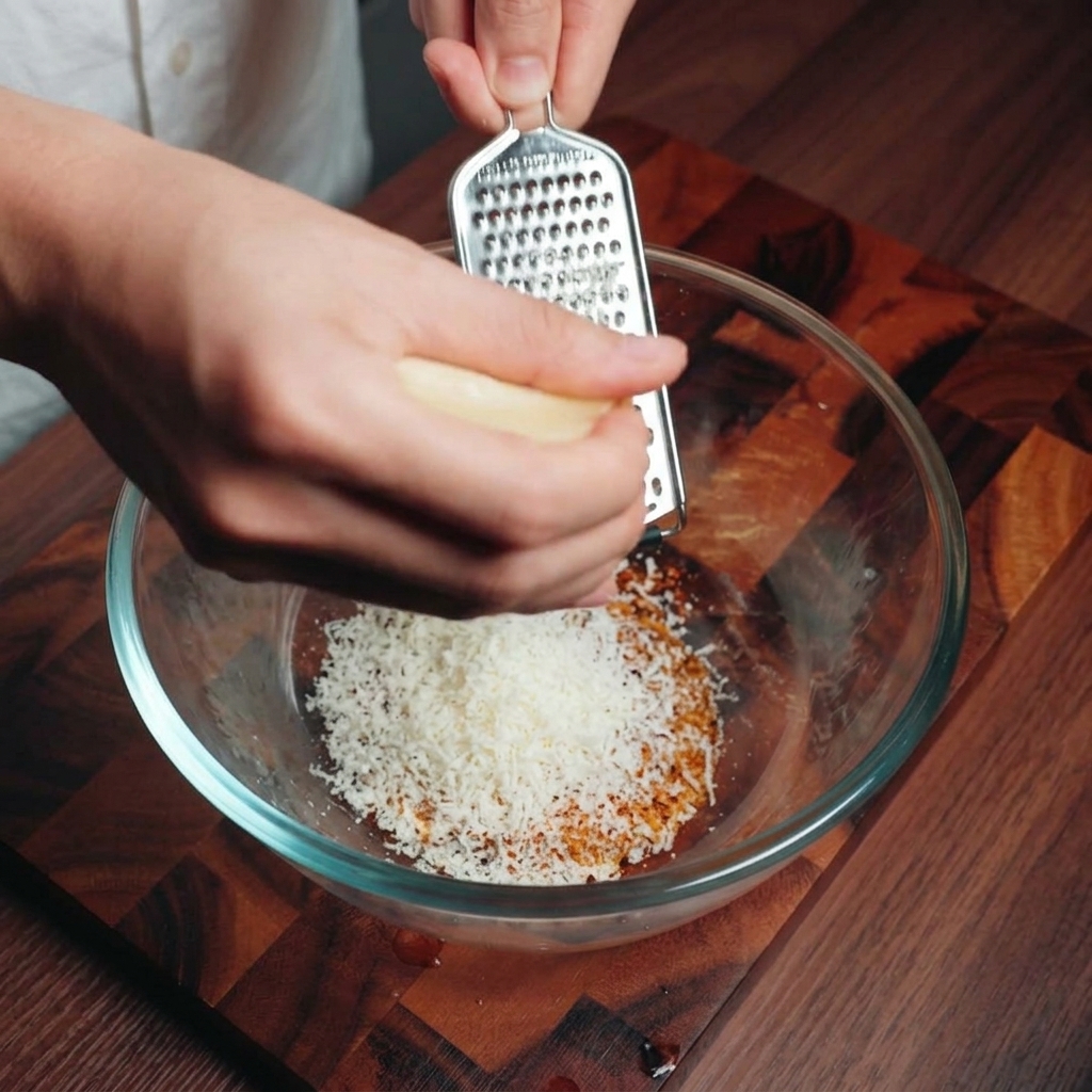 Una mano rallando un bloque de queso parmesano con un rallador fino sobre el bol de yemas y pimienta.