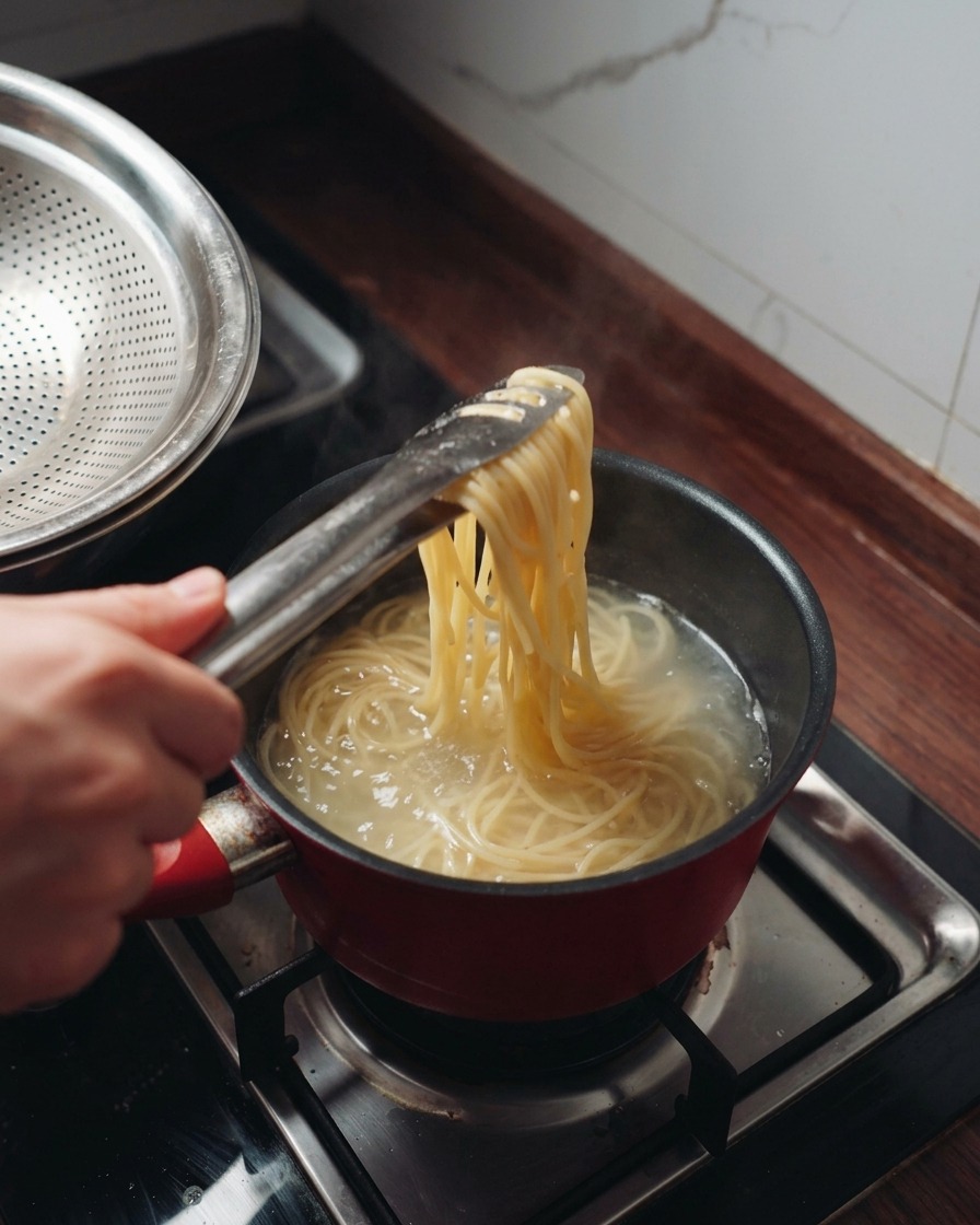 Una mano usando pinzas metálicas para sacar espaguetis humeantes de una olla con agua hirviendo.