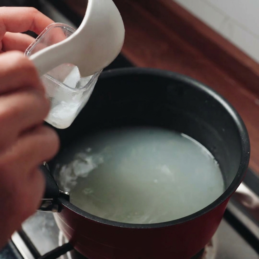 Una mano usando una taza medidora de plástico para recoger agua de pasta turbia y con almidón de la olla.
