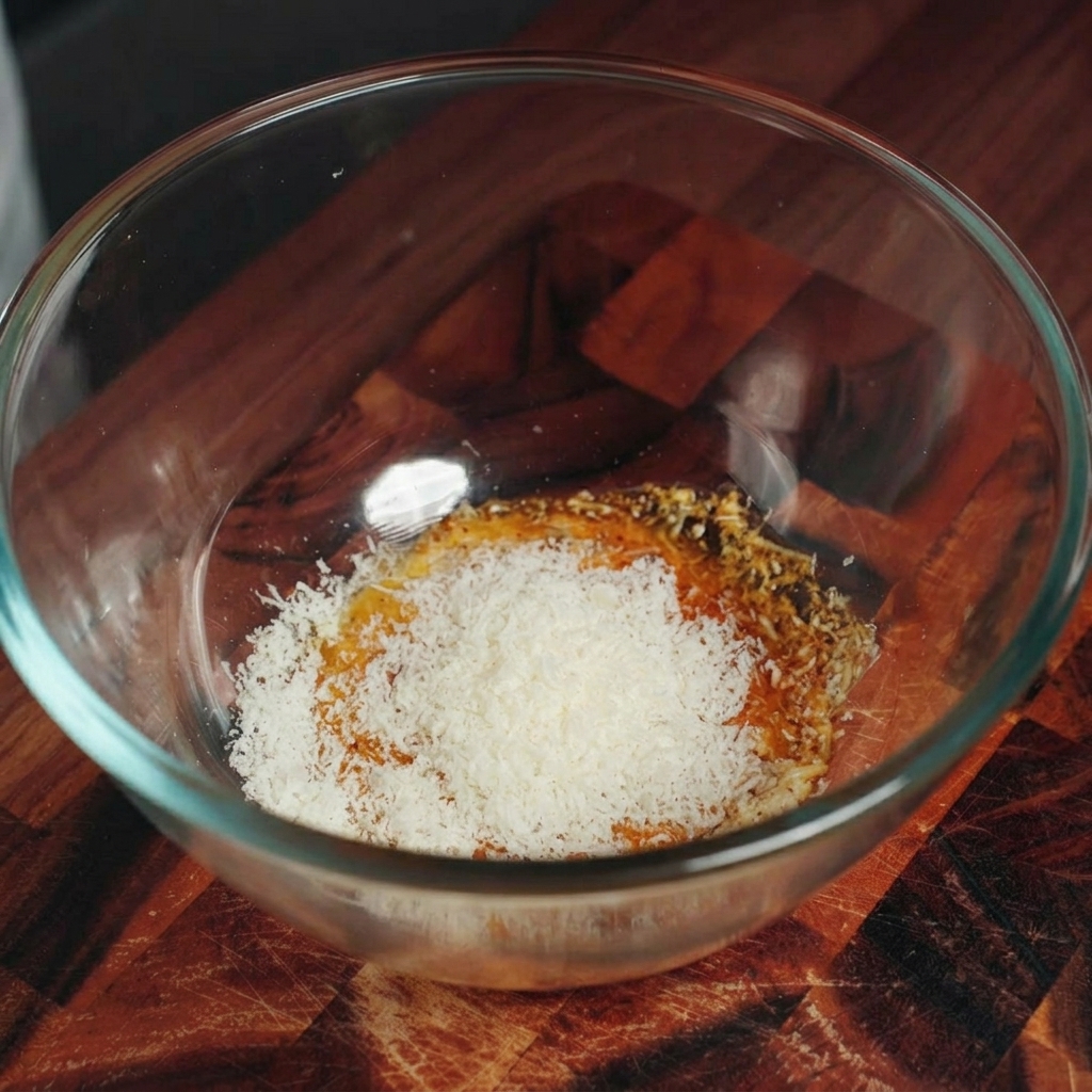 Un bol de cristal con yemas, pimienta, queso rallado y la grasa del beicon recién añadida.