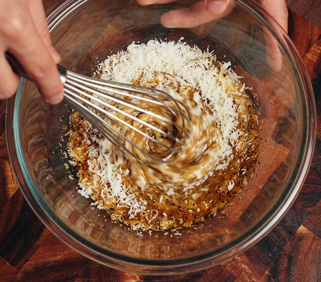 Primer plano de unas manos batiendo yemas y parmesano en un bol hasta formar una pasta espesa y amarilla.