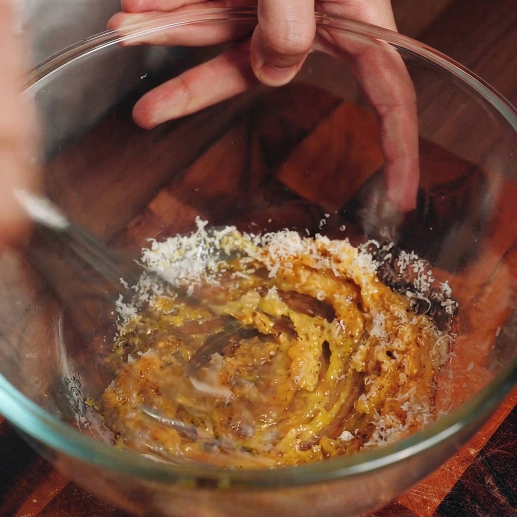 Una mano batiendo activamente la mezcla de yemas, queso y grasa de beicon en un bol de cristal transparente.