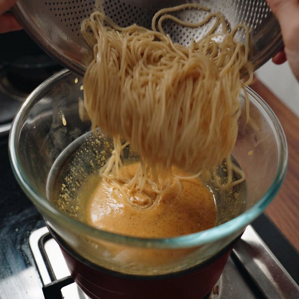 Pasando espaguetis recién cocidos desde un colador al bol de salsa cremosa sobre la olla de vapor.