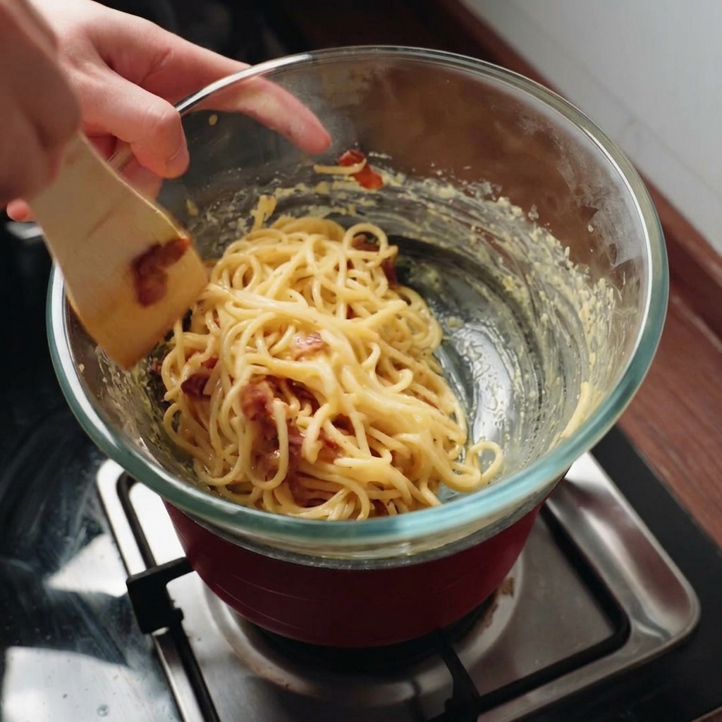 Removiendo los espaguetis y el beicon crujiente en la salsa carbonara con una espátula de madera al baño maría.