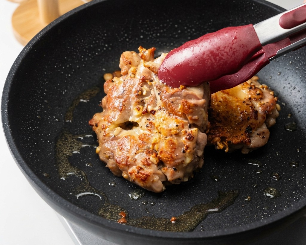 Contramuslos de pollo siendo volteados con pinzas de punta roja en una sartén oscura, mostrando una piel dorada y crujiente hermosamente sellada.